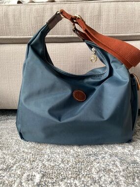 Longchamp Navy Crossbody Hobo with Brown Accents
